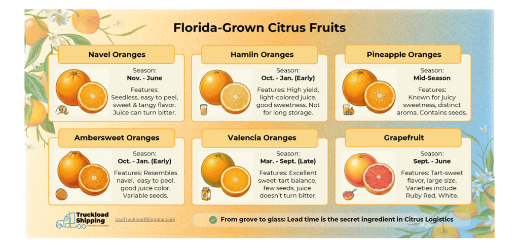 Image depicts fresh produce logistics in Florida which includes shipping Florida-grown citrus fruits like navel oranges and grapefruit.