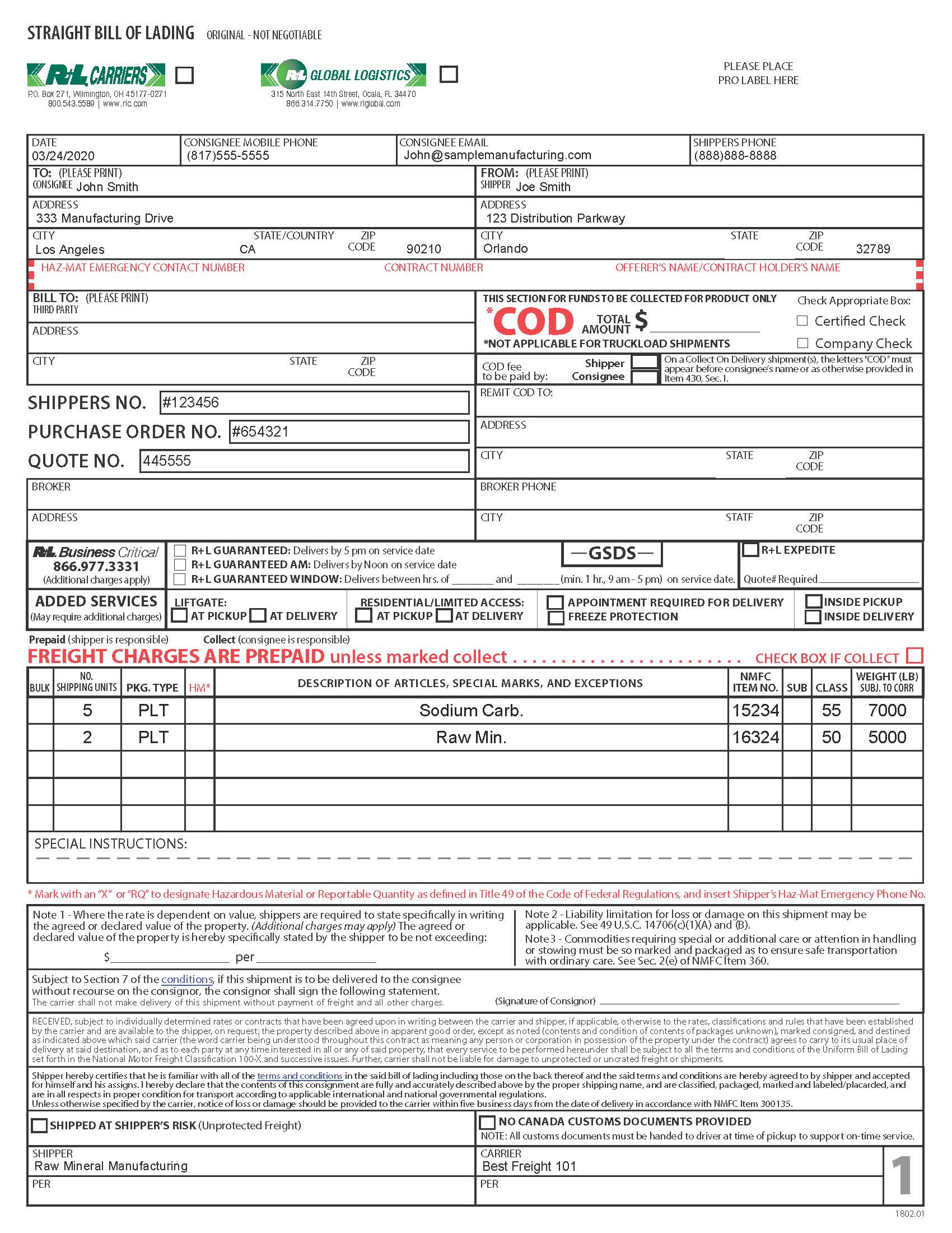 Printable Hazmat Bill Of Lading