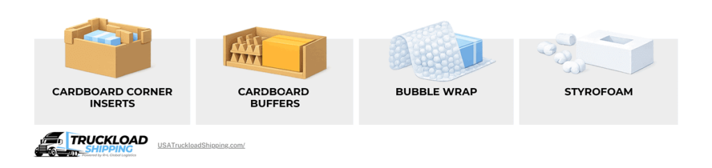 hvac-packing-materials Image depicts hvac transportation packing materials such as cardboard corner inserts, cardboard buffers, bubble wrap, and Styrofoam.