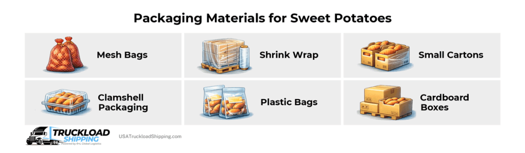 Infographic depicts packaging materials for sweet potatoes, including mesh bags, shrink wrap, small cartons, clamshell packaging, plastic bags, and cardboard boxes