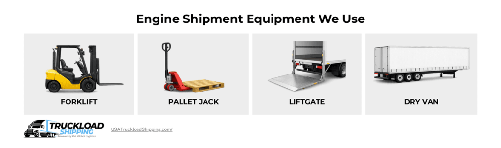 engine-shipment-equipment-we-use Image depicts engine shipment equipment USA Truckload Shipping uses, including forklift, pallet jack, liftgate, and dry van.