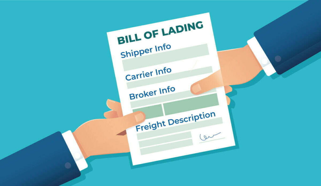 A digital image depicting one individual passing a bill of lading to another. The bill of lading document contains fields for shipper info, carrier info, broker info, and freight description, with an initial signature on the bottom right.