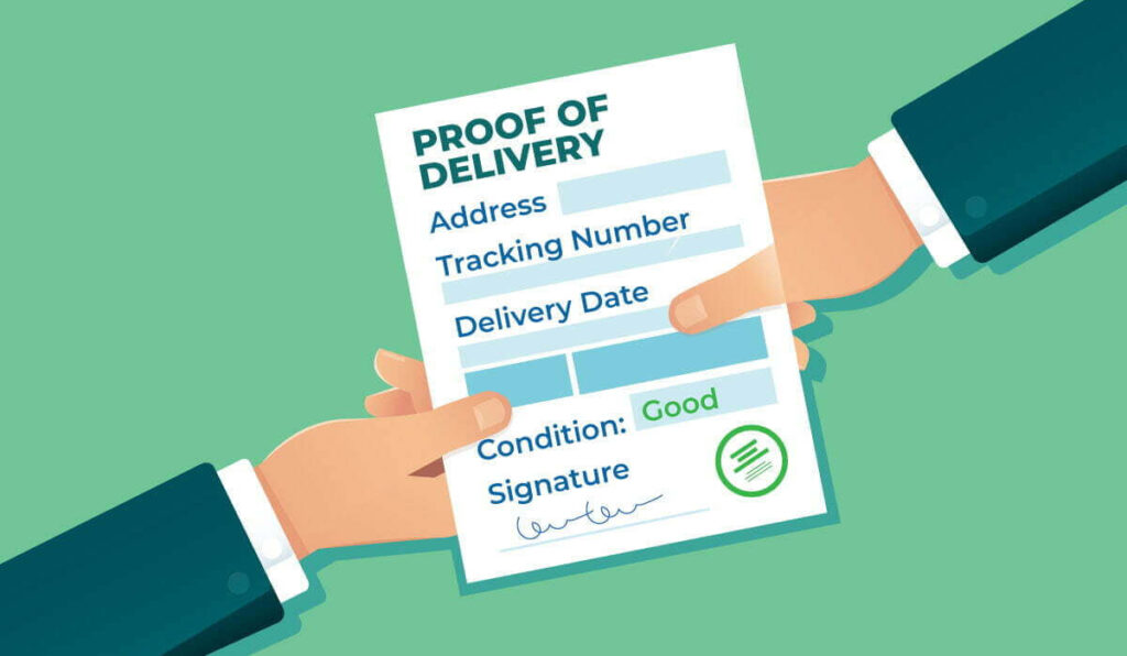 A digital image depicting one individual passing a proof of delivery to a carrier after having signed it. The proof of delivery document contains fields for address, tracking number, delivery date, condition of the goods, and the consignee’s signature.