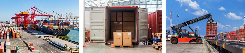 A three-panel image displaying ships with containers being unloaded, containers opened with boxes being removed, and a drayage vehicle moving a container through the port.