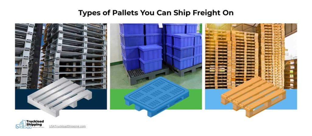 Images of stee, plastic, and wooden pallets. 