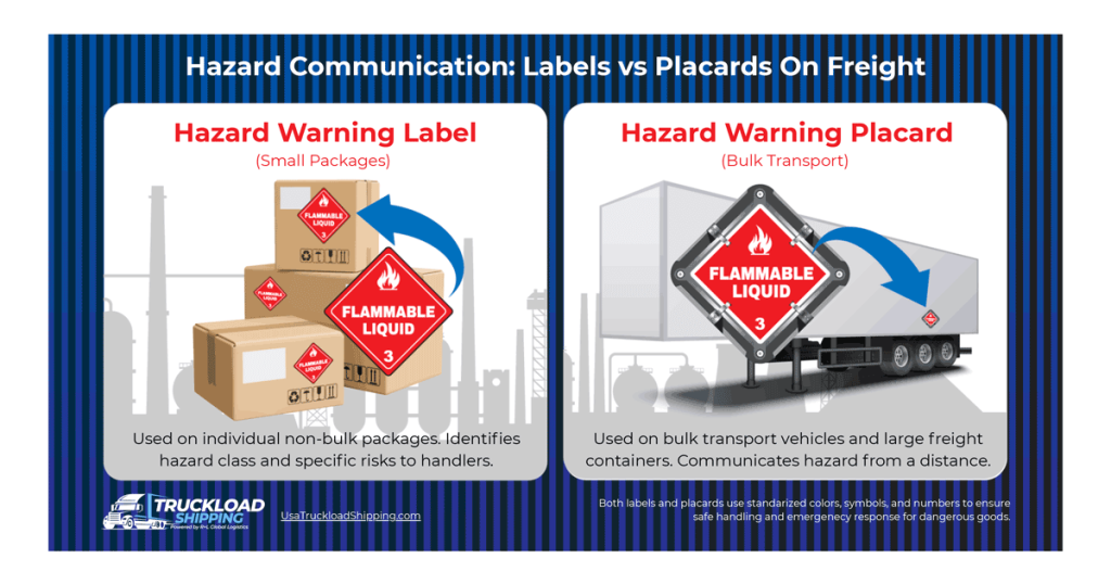 Image depicts hazardous materials communication label and placard examples