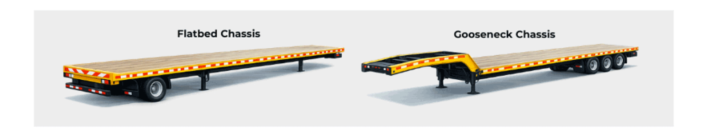 flatbed-chassis-gooseneck-chassis Image depicts examples of a flatbed chassis and gooseneck chassis, commonly used in intermodal shipping.
