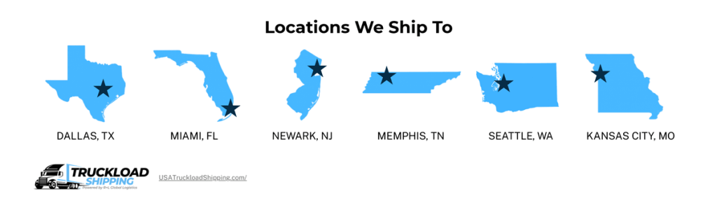 Image depicts US locations USA Truckload Shipping ships to, including Dallas, TX, Miami, FL, Newark, NJ, Memphis, TN, Seattle, WA, and Kansas City, MO.