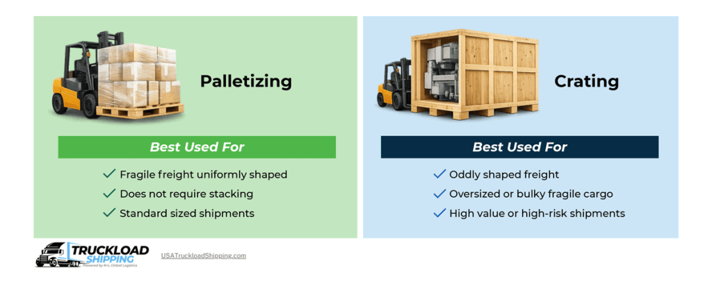 Image depicts the cost of palletizing vs crating. Palletizing is inexpensive compared to crating since crates are often heavier than pallets.