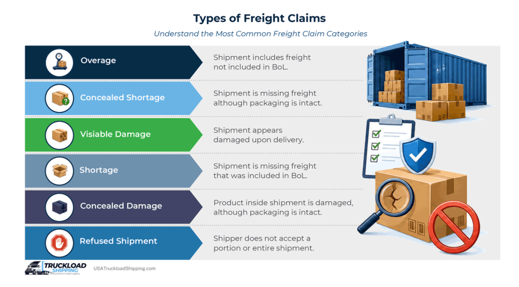 Infographic depicts types of freight claims, including: overage, concealed shortage, visible damage, shortage, concealed damage, and refused shipment