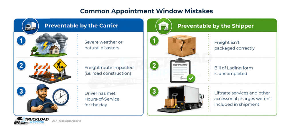 The graphic shows common appointment window mistakes. The left side of the graphic shows mistakes that are preventable by the carrier and the left side of the graphic shows mistakes that preventable by the shipper.