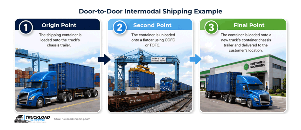 Infographic depicts door-to-door intermodal freight shipping example (from left to right): Origin point (shipping container is loaded onto the truck's chassis trailer); Second point (the container is unloaded onto a flatcar using COFC or TOFC); and Final point (the container is loaded onto a new truck's container chassis trailer and delivered to the customer's location)