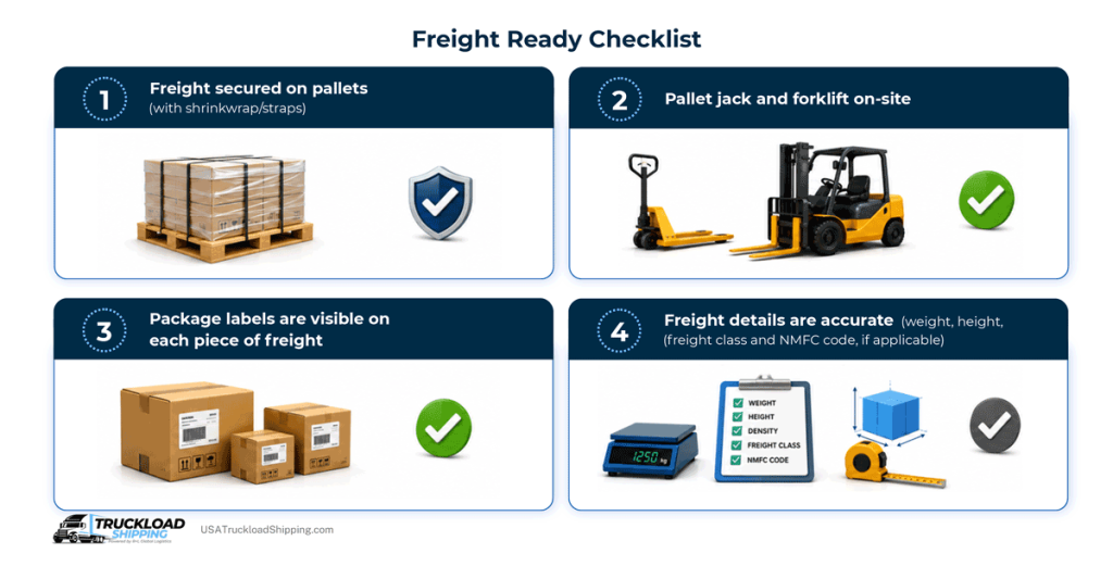 This infographic depicts a freight ready checklist with the following steps: 1) freight is secured on pallets; 2) pallet jack and forklift is on-site at facility; 3) package labels are visible on each piece of freight; and 4) freight details are accurate, including weight, height, freight class and NMFC code, if applicable