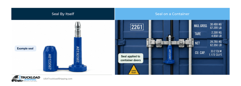 Image depicts what tamper evident seals look like by itself and unlocked vs a seal fastened on a shipping container door. CBP requires seal verification and seal number recordkeeping to protect in transit.