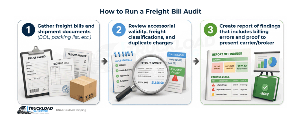 The graphic shows how to run a freight bill audit.