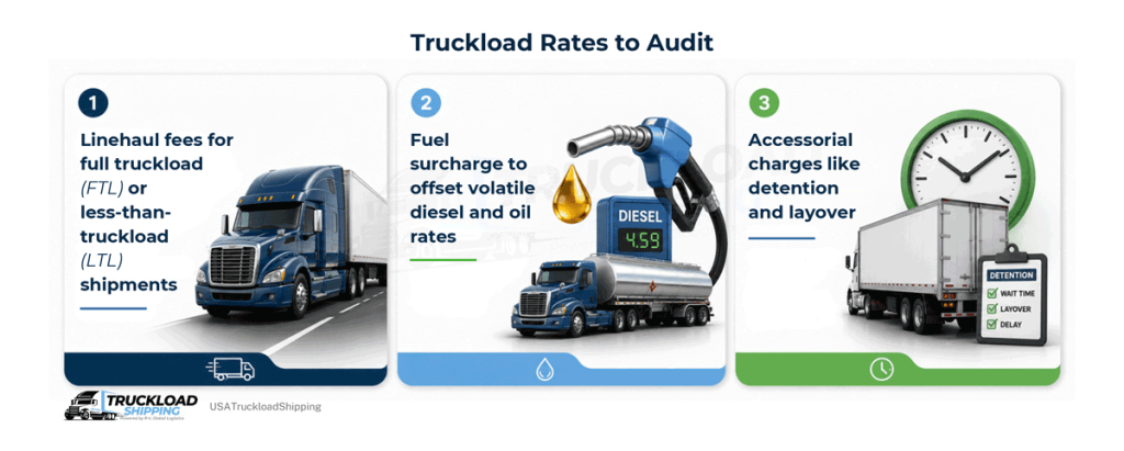 The graphic shows the truckload rates to audit. This includes linehaul fees, fuel surcharges, and accessorial charges.