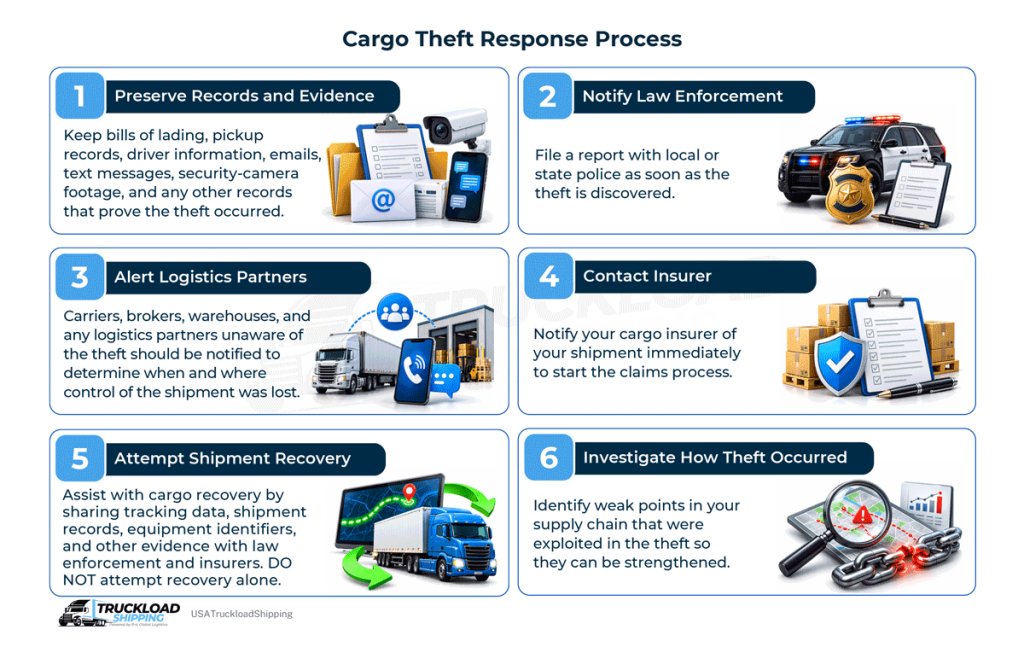 The graphic shows the cargo theft response process. This includes preserving records and evidence, notifying law enforcement, alerting logistics partners, contacting insurers, attempting shipment recovery, and investigating how theft occurred.
