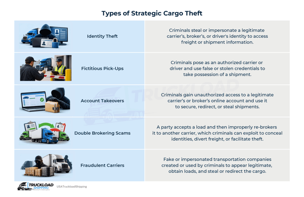 The graphic shows the types of strategic cargo theft. This includes identity theft, fictitious pick-ups, account takeovers, double brokering scams, and fraudulent carriers.