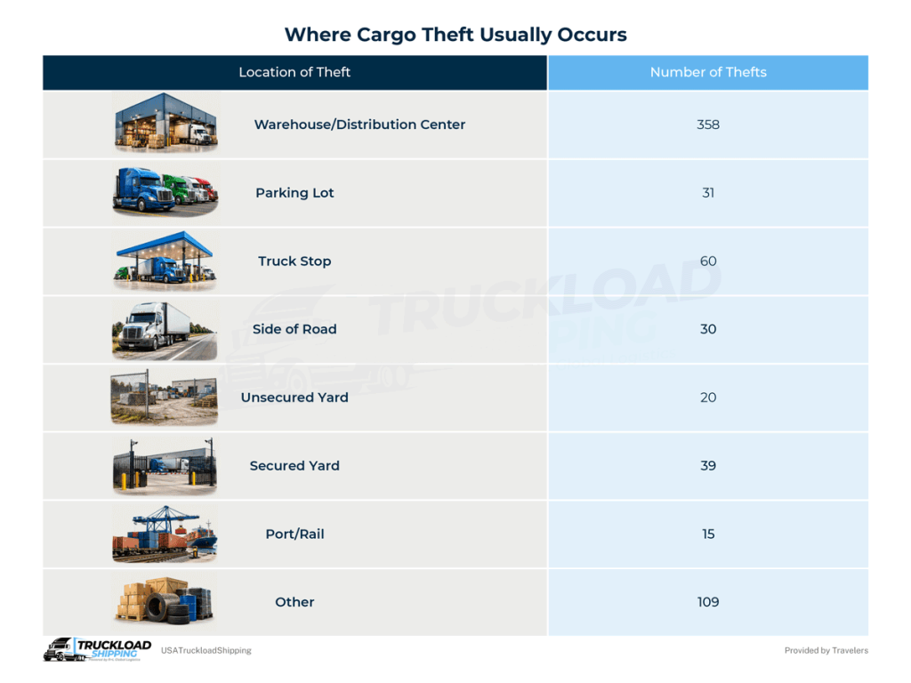 The graphic shows where cargo theft usually occurs. This includes warehouse/distribution centers, parking lots, truck stops, the side of roads, unsecured yard, secured yard, port/rail, and those not specified.